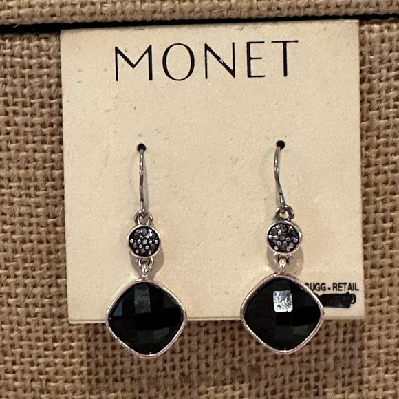 NWT Monet Earrings- silver tone dangle with black faceted square bead - Picture 3 of 8